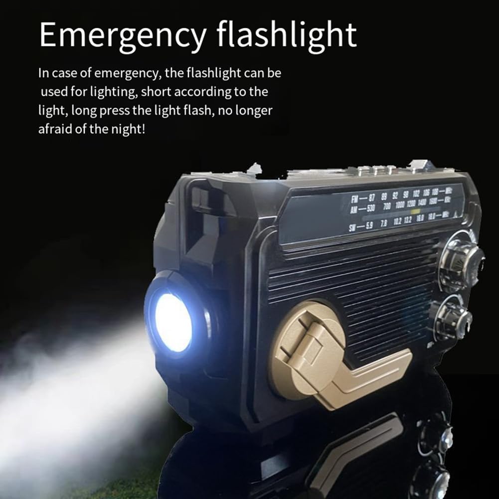 Radio d'emergenza con powerbank integrato – manovella, ricarica solare e USB, AM/FM, torcia a LED e allarme SOS
