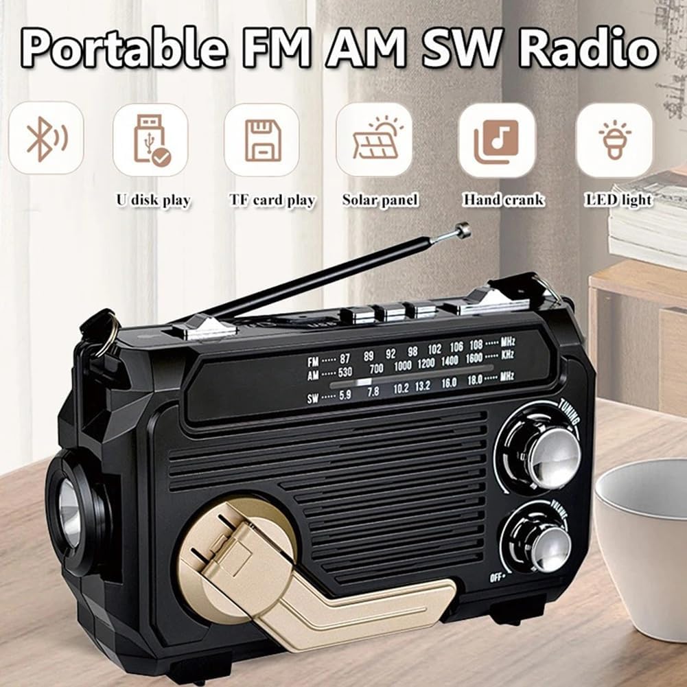 Radio d'emergenza con powerbank integrato – manovella, ricarica solare e USB, AM/FM, torcia a LED e allarme SOS