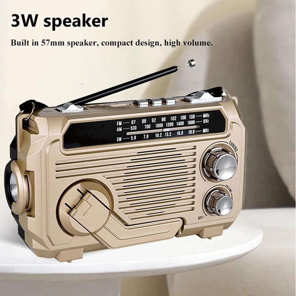 Radio d'emergenza con powerbank integrato – manovella, ricarica solare e USB, AM/FM, torcia a LED e allarme SOS