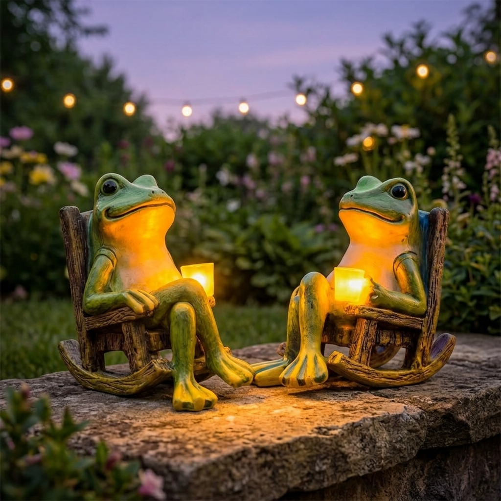 Rana da Giardino Luminosa su Sedia a Dondolo
