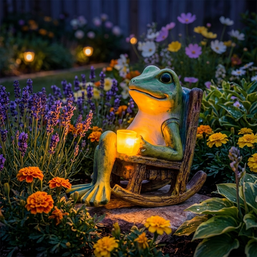Rana da Giardino Luminosa su Sedia a Dondolo