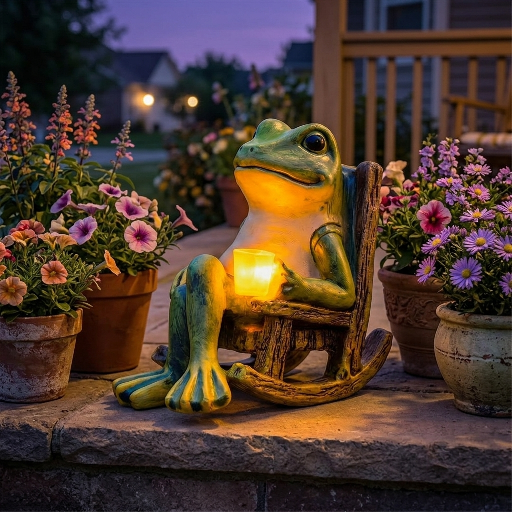 Rana da Giardino Luminosa su Sedia a Dondolo