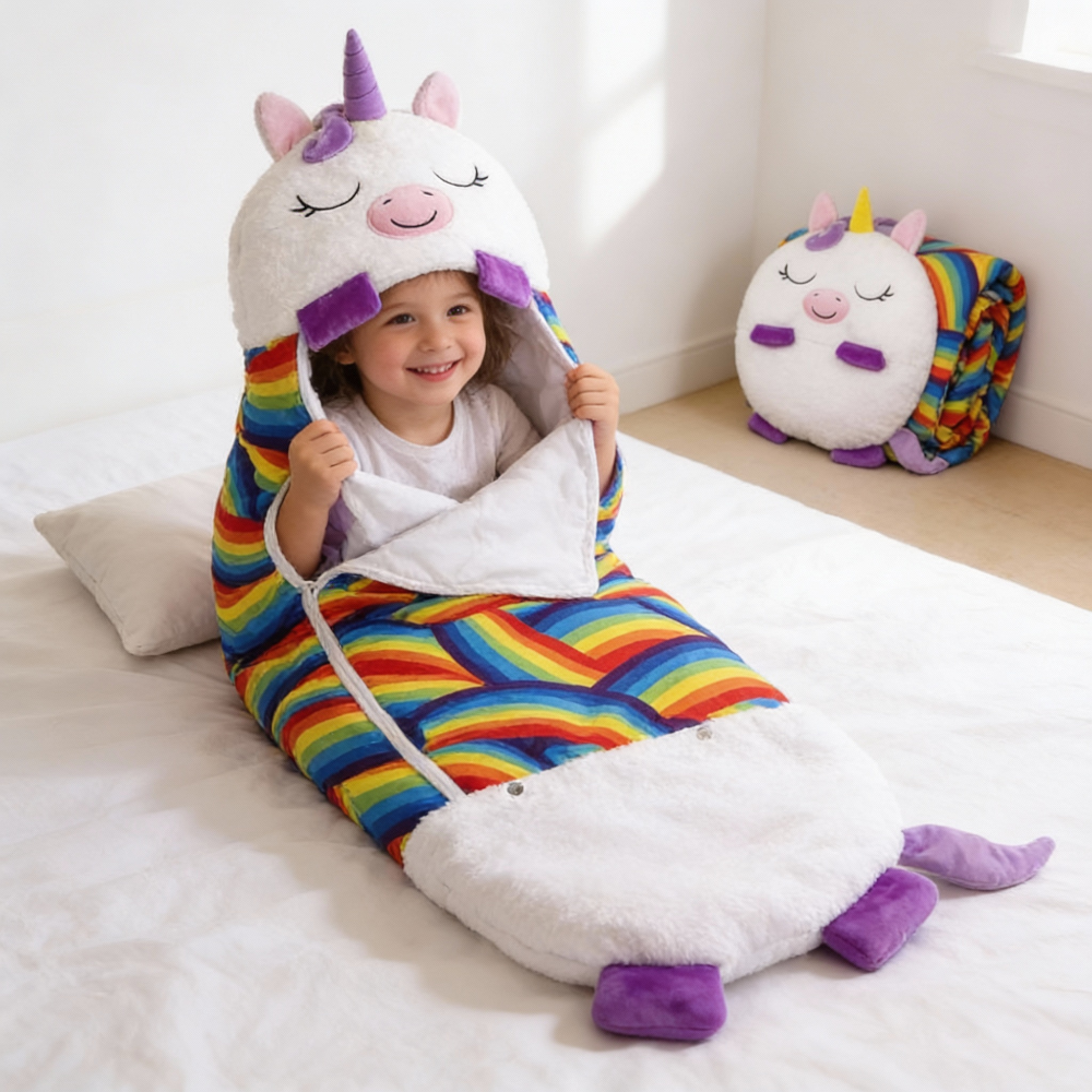 Sacco a pelo da bambino con cappuccio a forma di animale – leggero, pieghevole e morbido per pigiama party