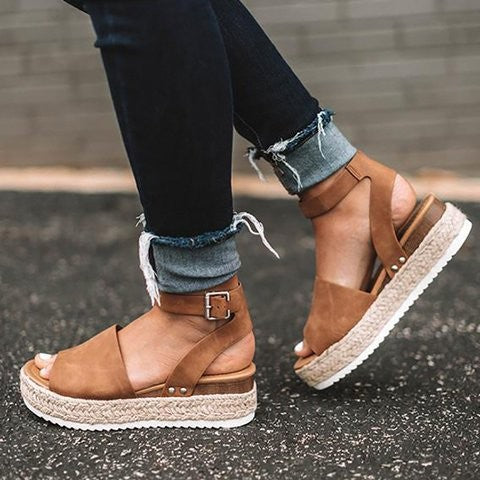 Sandali con zeppa in juta da donna - Eleganti scarpe con plateau