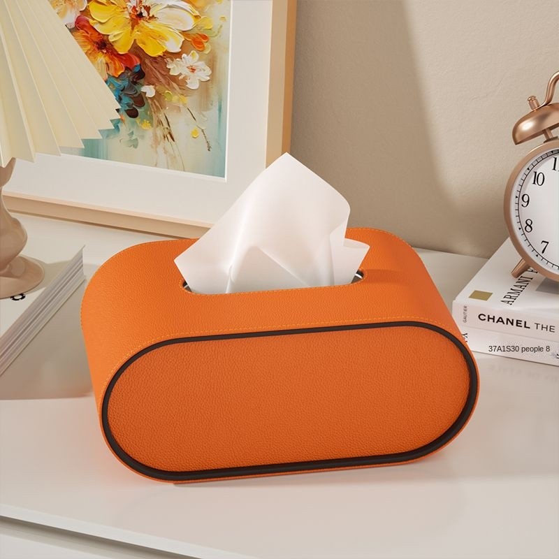 Scatola Porta Fazzoletti Ovale in Pelle Arancione, Porta Fazzoletti da Scrivania e Soggiorno, Elemento Decorativo Moderno di Lusso