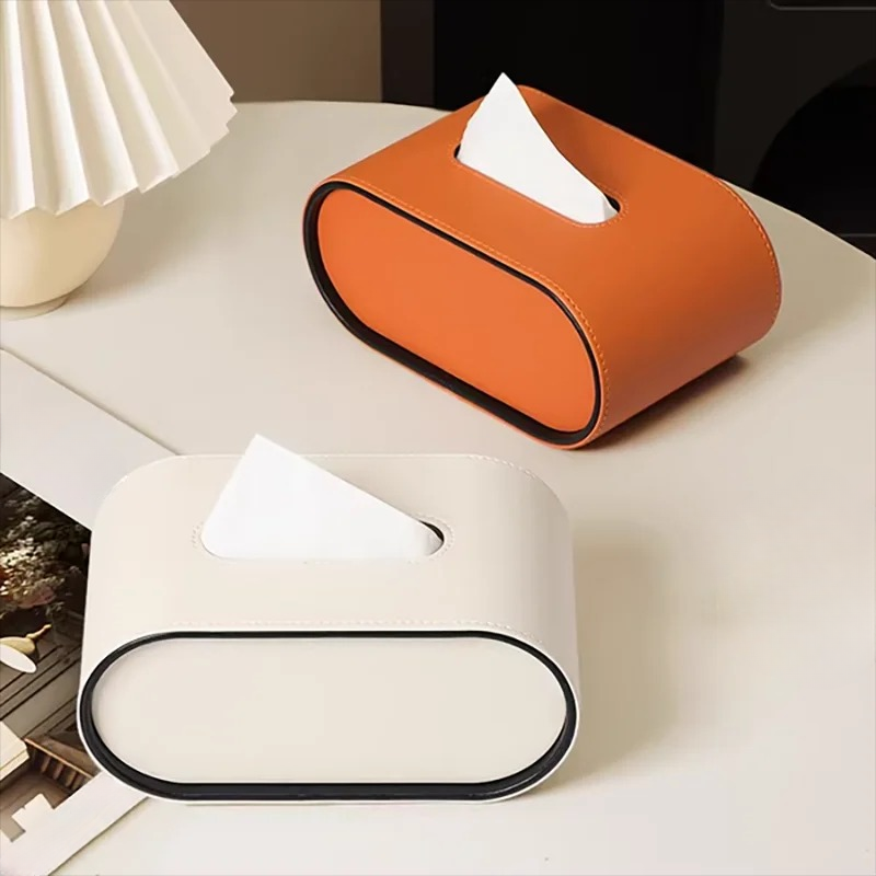 Scatola Porta Fazzoletti Ovale in Pelle Arancione, Porta Fazzoletti da Scrivania e Soggiorno, Elemento Decorativo Moderno di Lusso