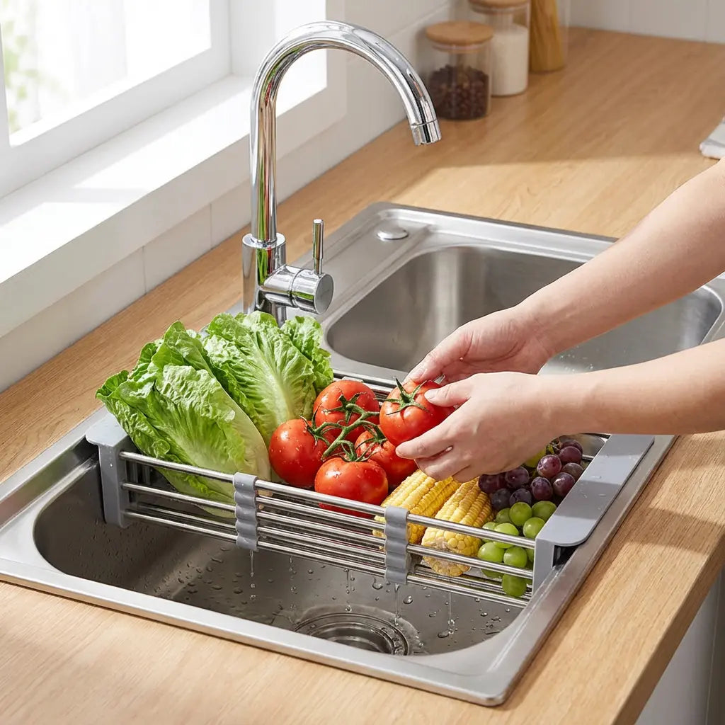 Scolapiatti telescopico da lavello in acciaio inox per stoviglie, frutta e verdura