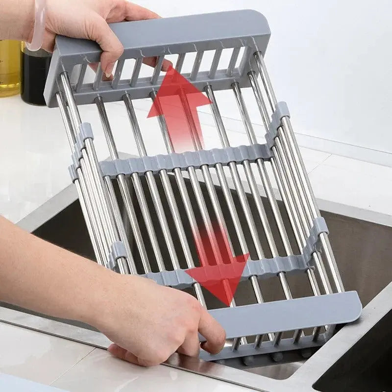 Scolapiatti telescopico da lavello in acciaio inox per stoviglie, frutta e verdura