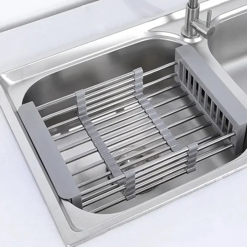 Scolapiatti telescopico da lavello in acciaio inox per stoviglie, frutta e verdura