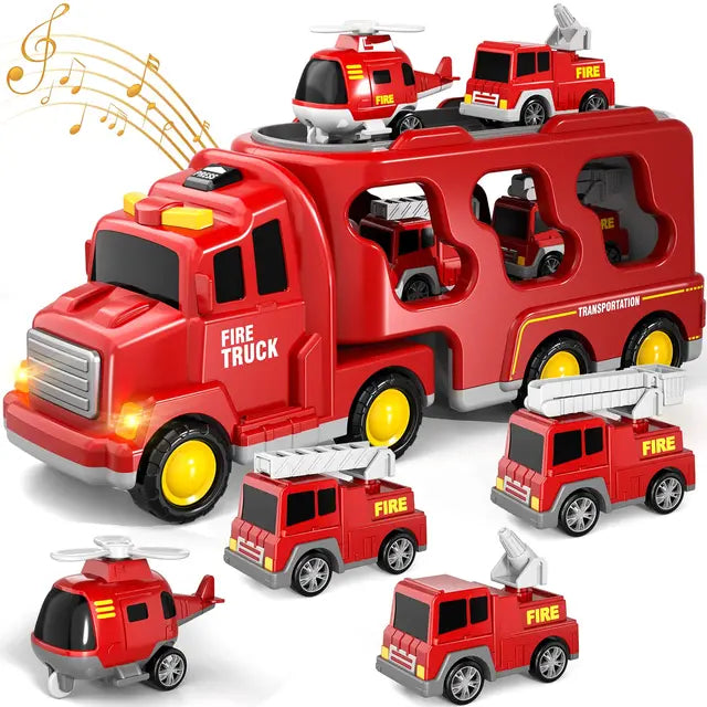 Set Camion Giocattolo a Due Livelli - Vigili del Fuoco e Cantiere con Musica