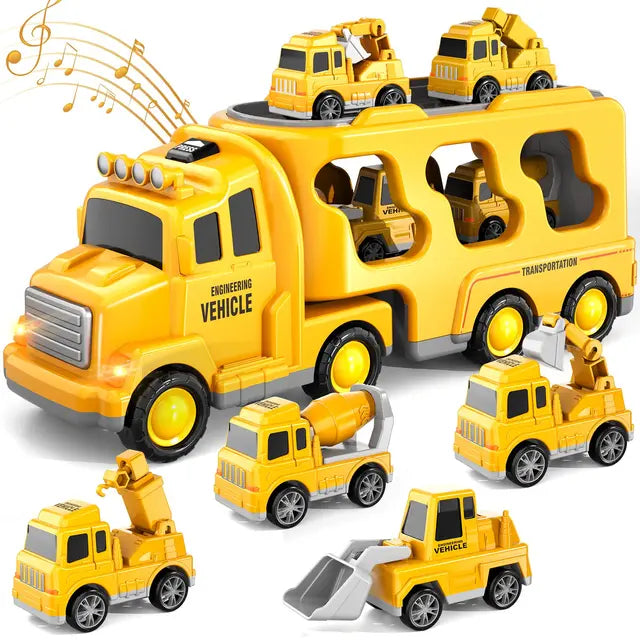 Set Camion Giocattolo a Due Livelli - Vigili del Fuoco e Cantiere con Musica