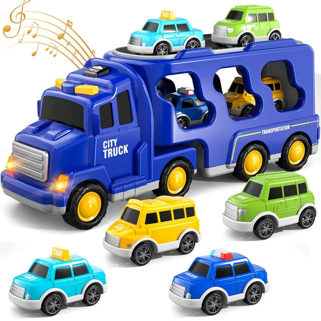 Set Camion Giocattolo a Due Livelli - Vigili del Fuoco e Cantiere con Musica