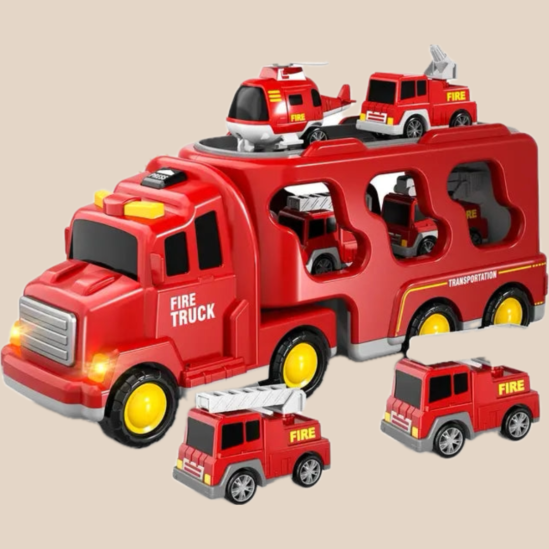Set Camion Giocattolo a Due Livelli - Vigili del Fuoco e Cantiere con Musica