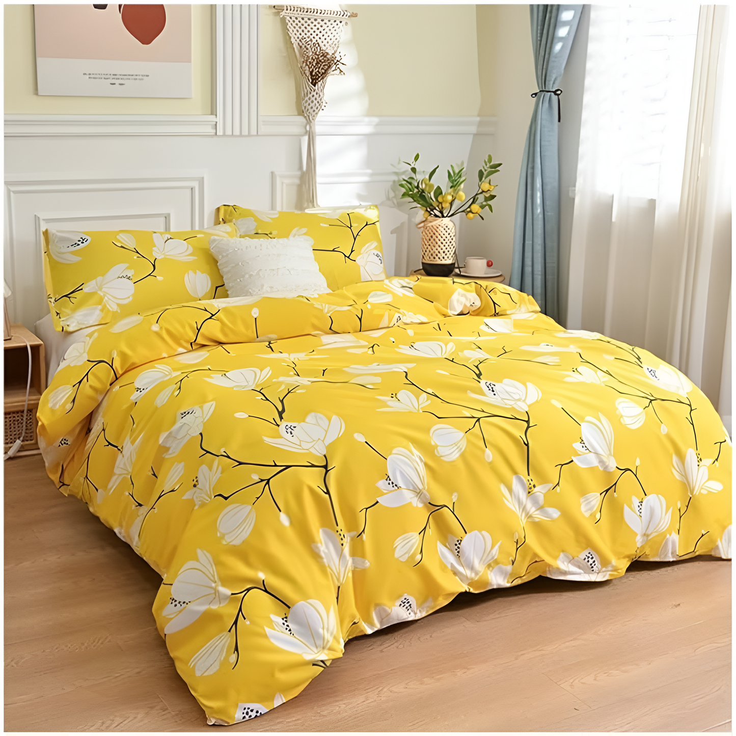 Set Copripiumino 3 Pezzi con Motivo Floreale Giallo