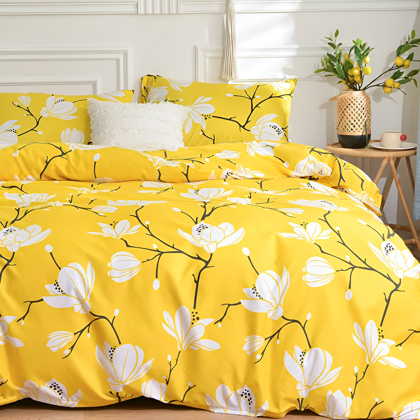 Set Copripiumino 3 Pezzi con Motivo Floreale Giallo