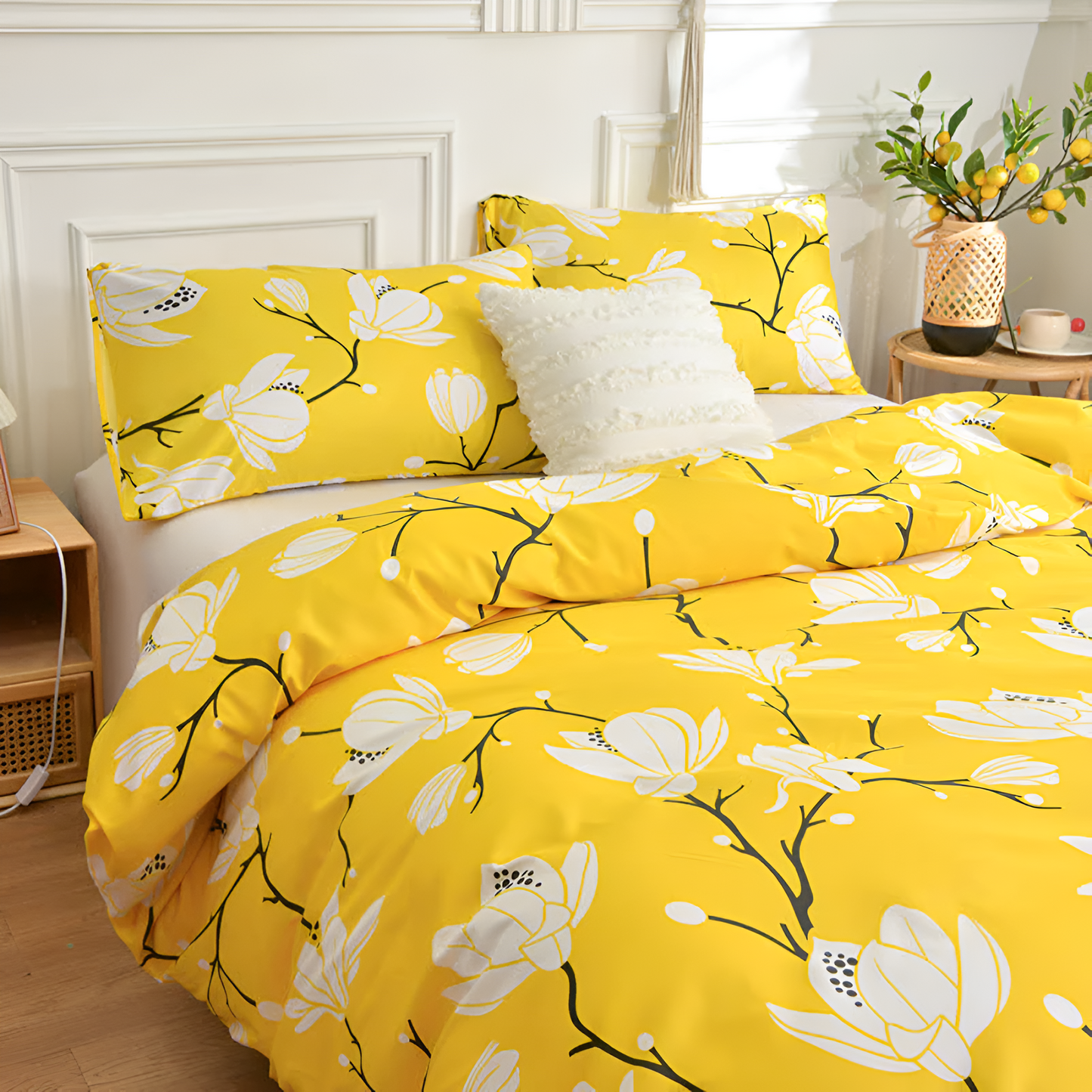 Set Copripiumino 3 Pezzi con Motivo Floreale Giallo