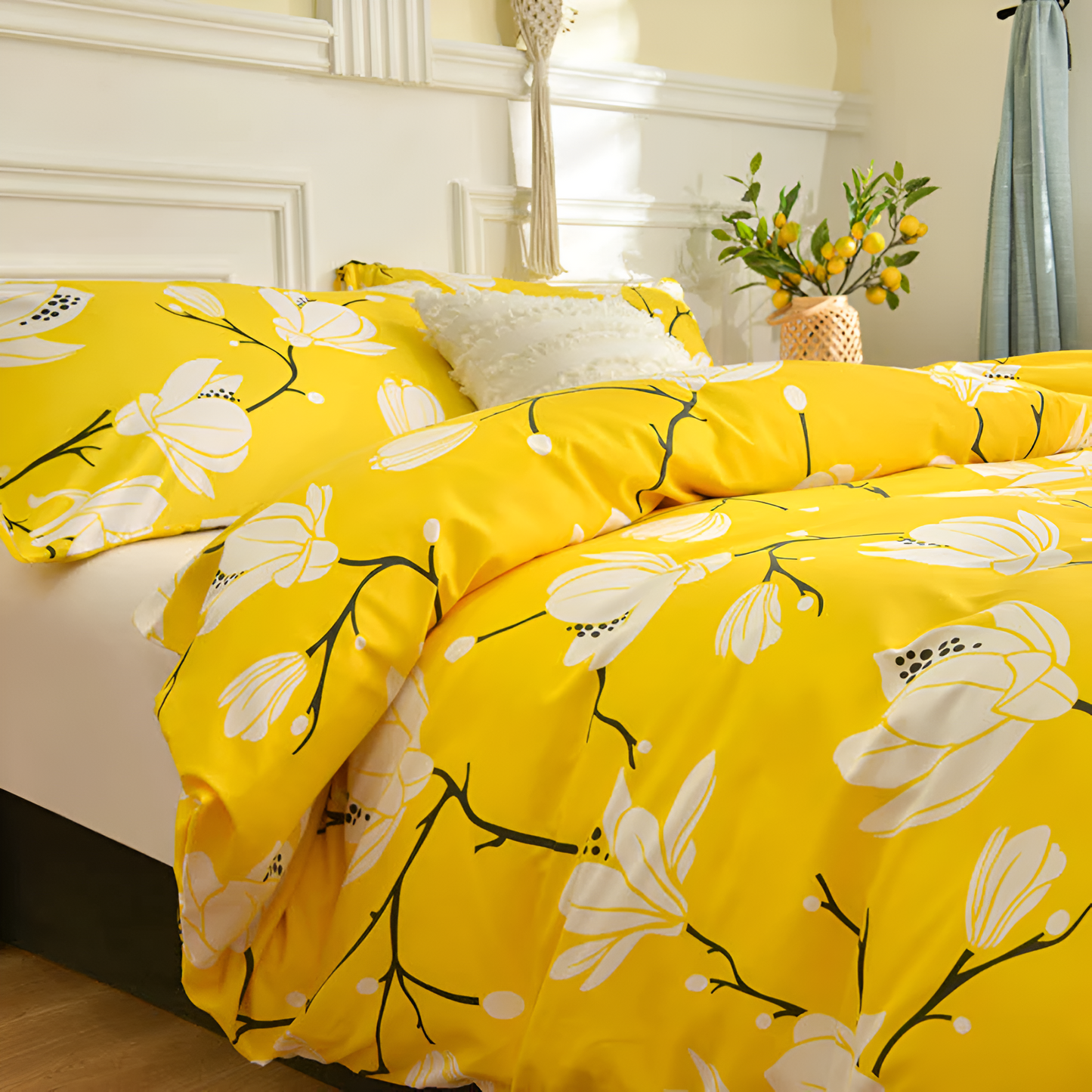 Set Copripiumino 3 Pezzi con Motivo Floreale Giallo