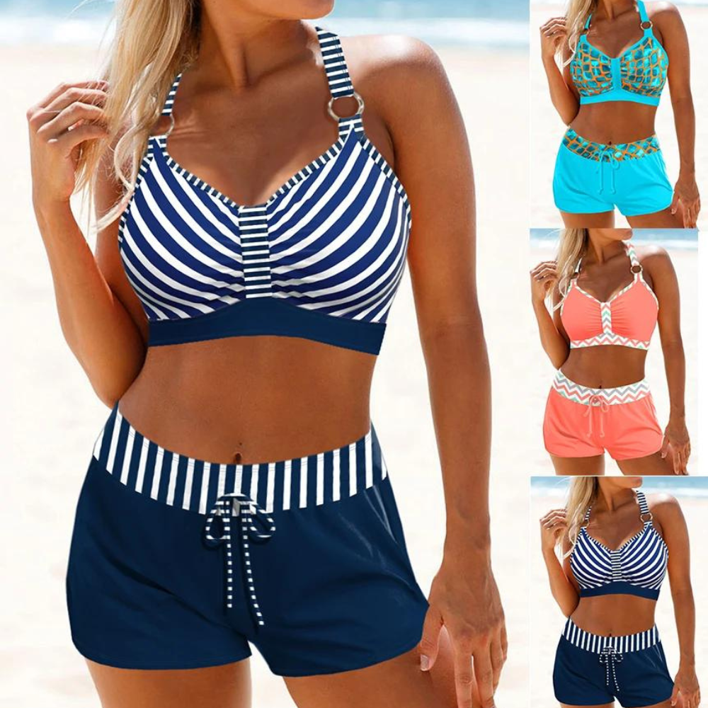 Set Costume da Bagno da Donna a Righe Stile Marinaio con Pantaloncini
