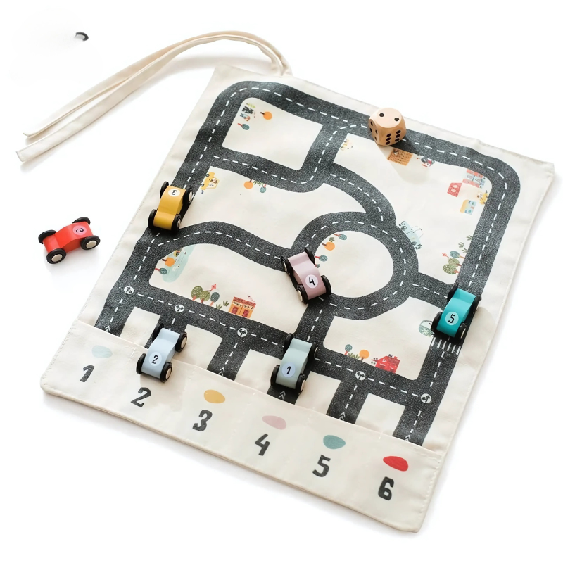 Set da gioco con pista automobilistica portatile e macchinine in legno per bambini