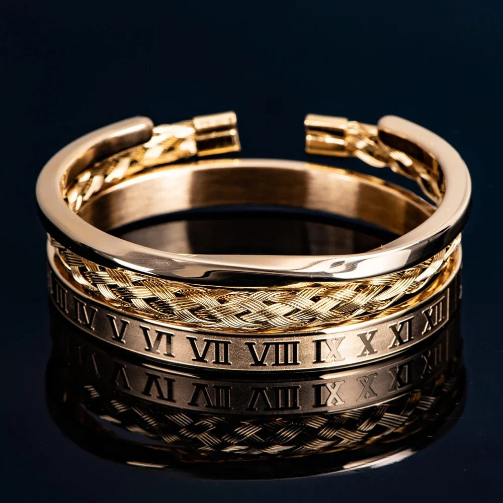 Set di 3 bracciali sovrapponibili in acciaio con numeri romani