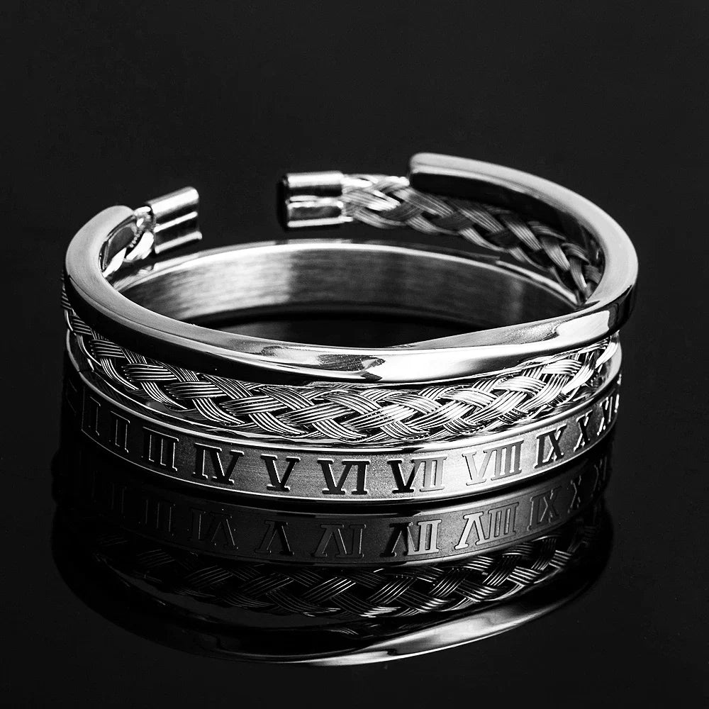 Set di 3 bracciali sovrapponibili in acciaio con numeri romani