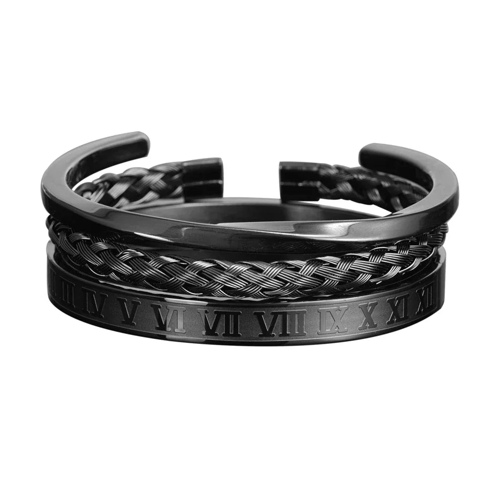 Set di 3 bracciali sovrapponibili in acciaio con numeri romani