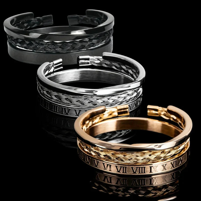 Set di 3 bracciali sovrapponibili in acciaio con numeri romani
