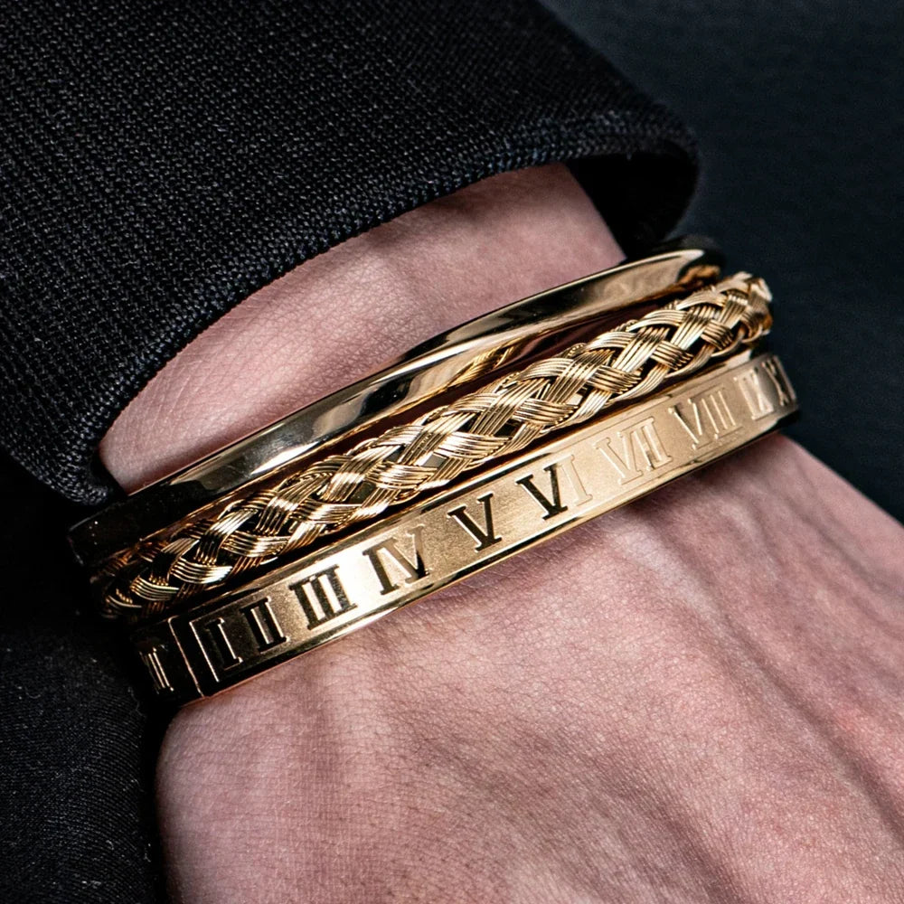Set di 3 bracciali sovrapponibili in acciaio con numeri romani