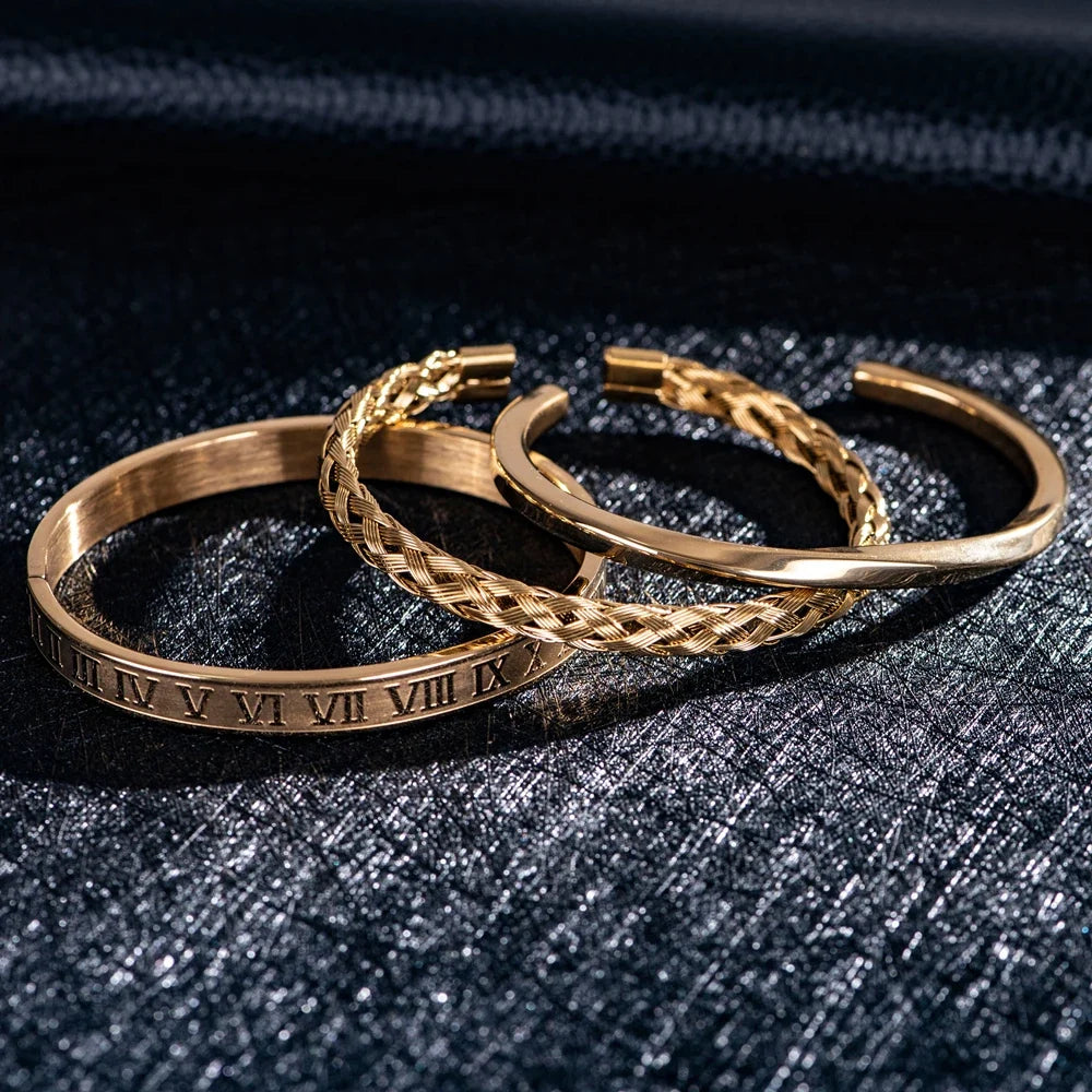 Set di 3 bracciali sovrapponibili in acciaio con numeri romani