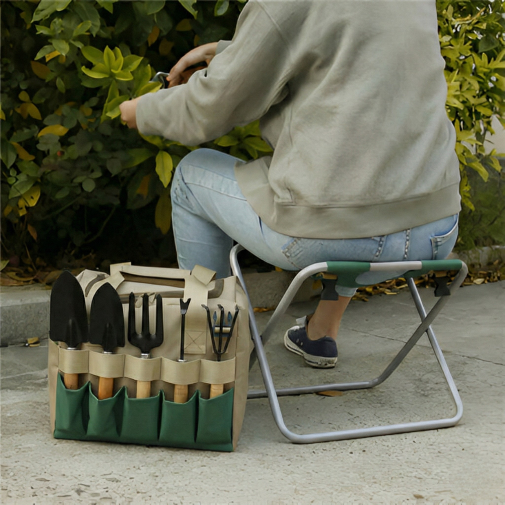 Set di attrezzi da giardinaggio da 6 pezzi con sgabello pieghevole e borsa da trasporto