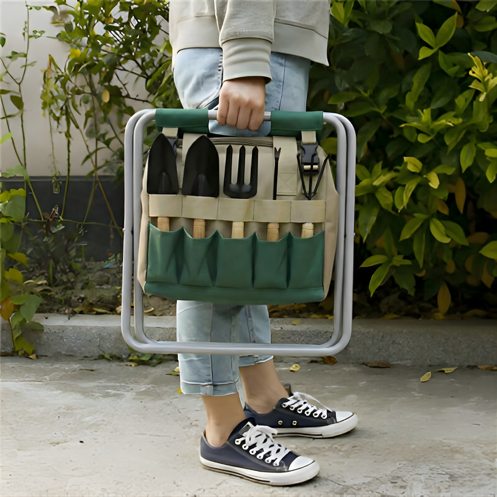 Set di attrezzi da giardinaggio da 6 pezzi con sgabello pieghevole e borsa da trasporto
