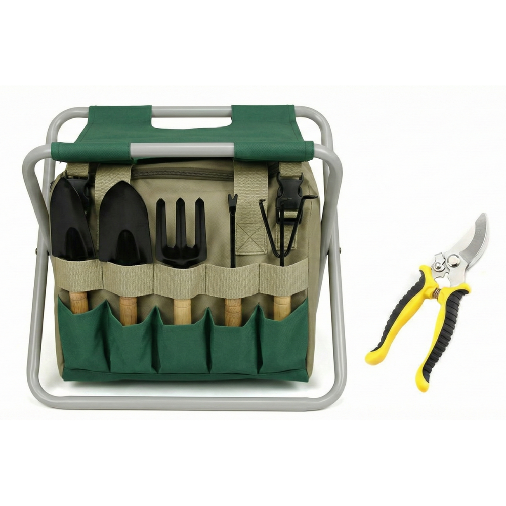 Set di attrezzi da giardinaggio da 6 pezzi con sgabello pieghevole e borsa da trasporto