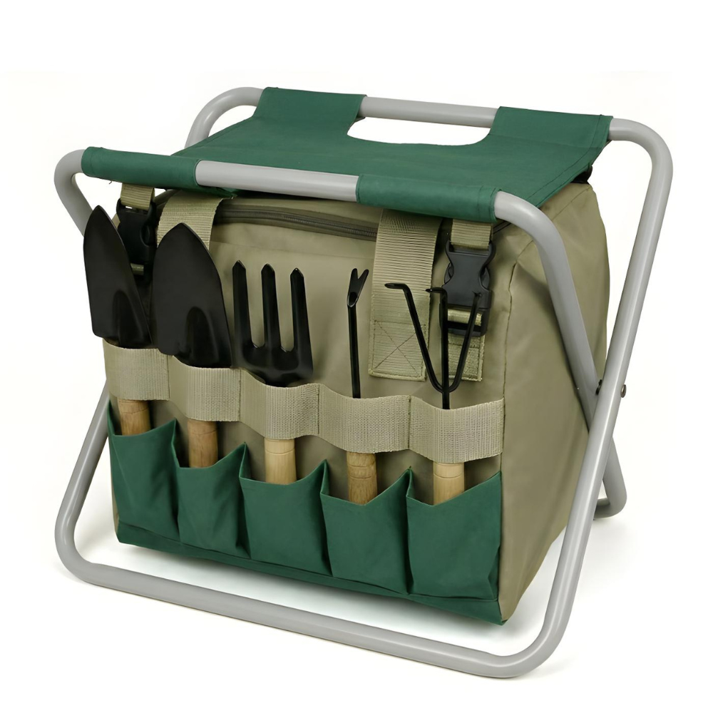 Set di attrezzi da giardinaggio da 6 pezzi con sgabello pieghevole e borsa da trasporto