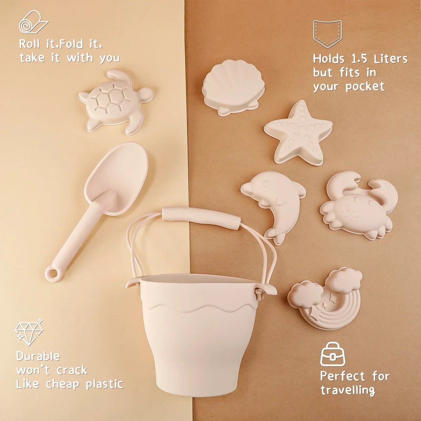 Set di giocattoli da sabbia per il mare in silicone ecologico con Secchiello