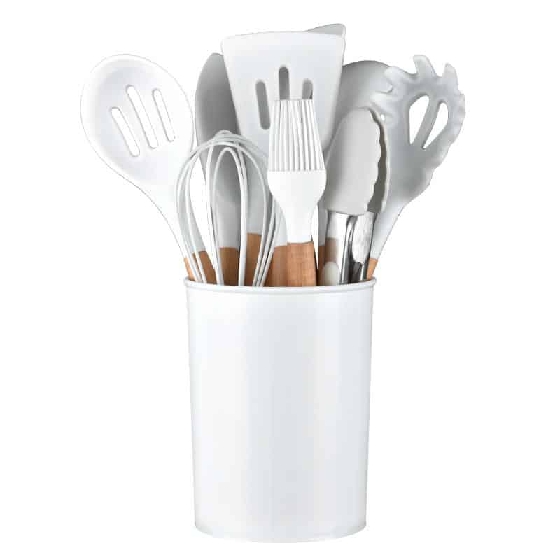Set di Utensili da Cucina da 11 Pezzi in Legno e Silicone con Porta Utensili (Nero o Bianco)
