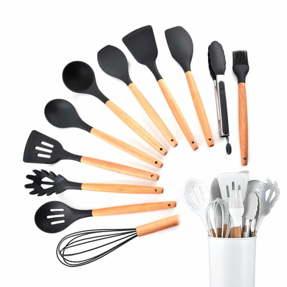 Set di Utensili da Cucina da 11 Pezzi in Legno e Silicone con Porta Utensili (Nero o Bianco)