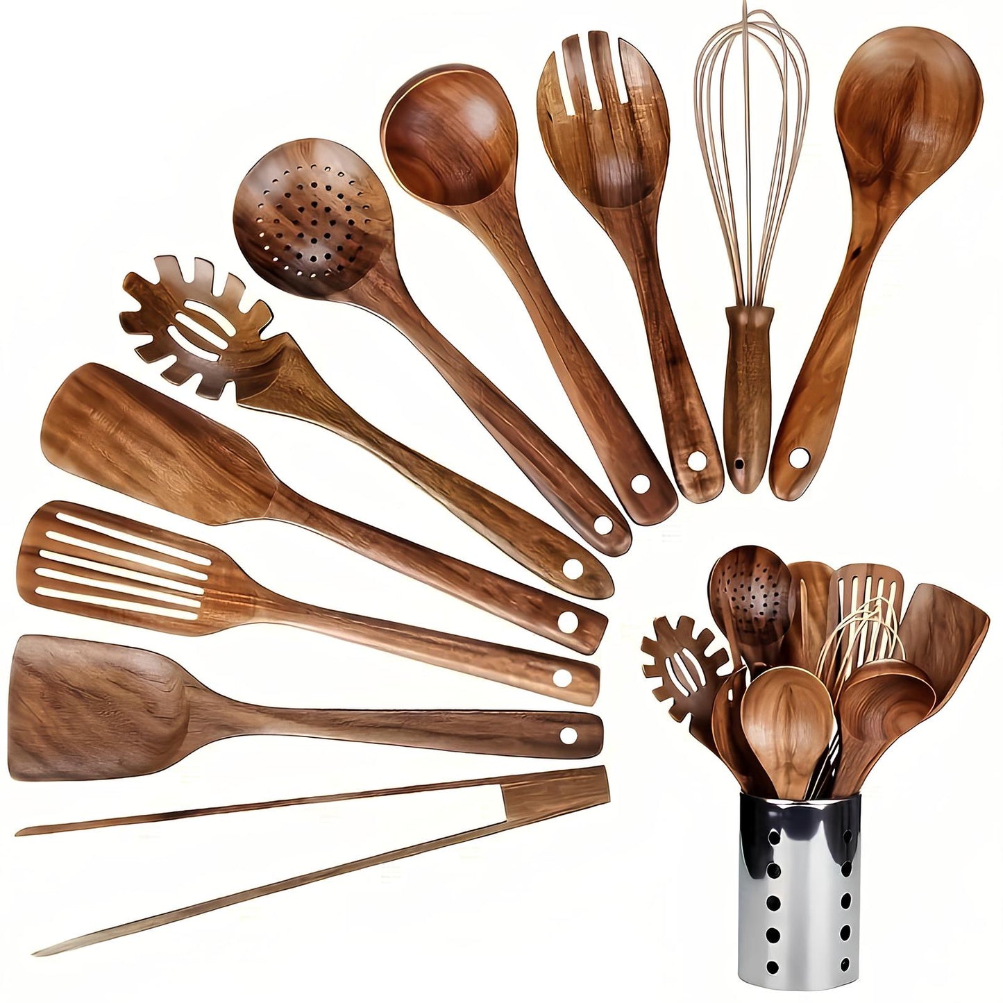 Set di Utensili da Cucina in Legno di Teak da 11 Pezzi | Con Portautensili | Legno Naturale