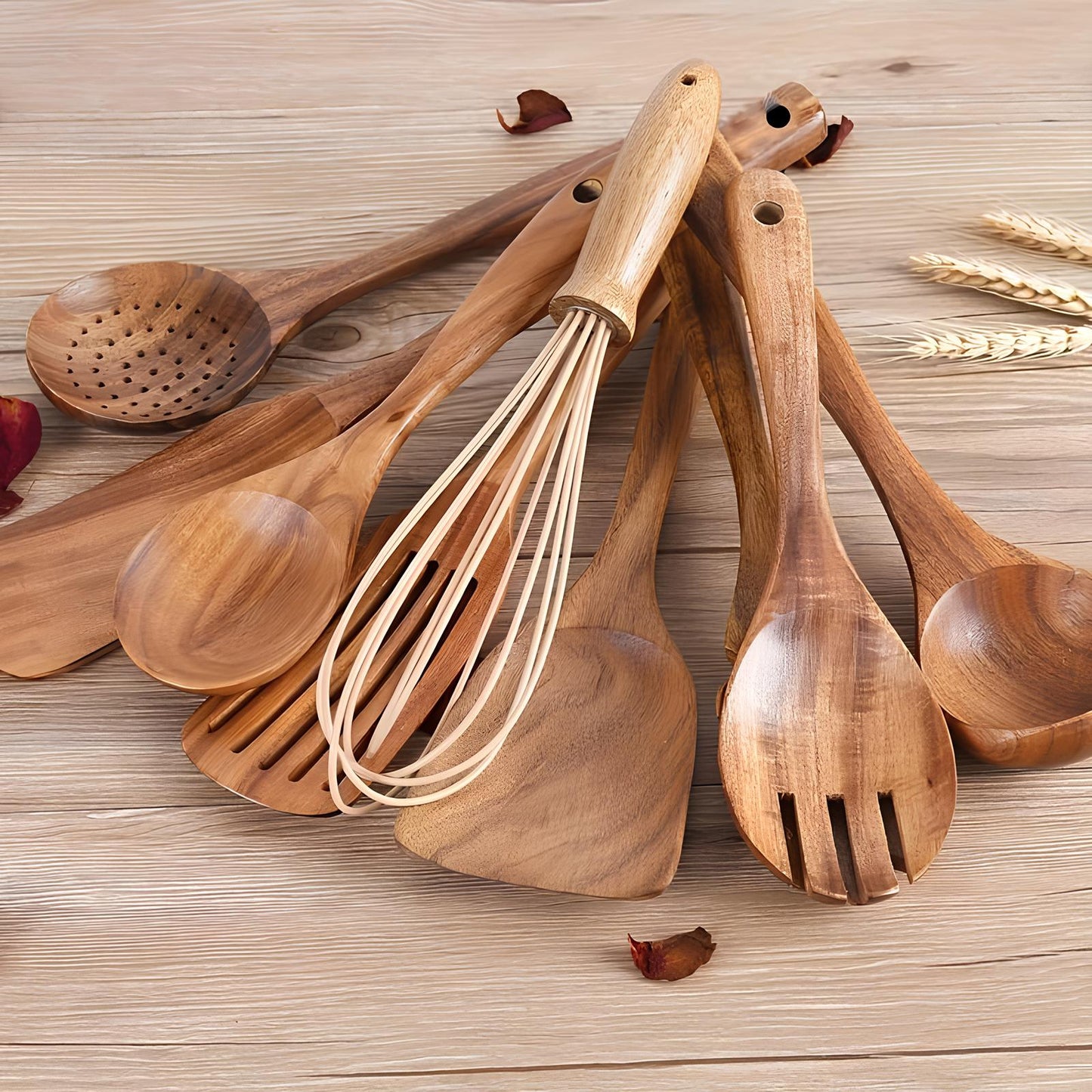 Set di Utensili da Cucina in Legno di Teak da 11 Pezzi | Con Portautensili | Legno Naturale