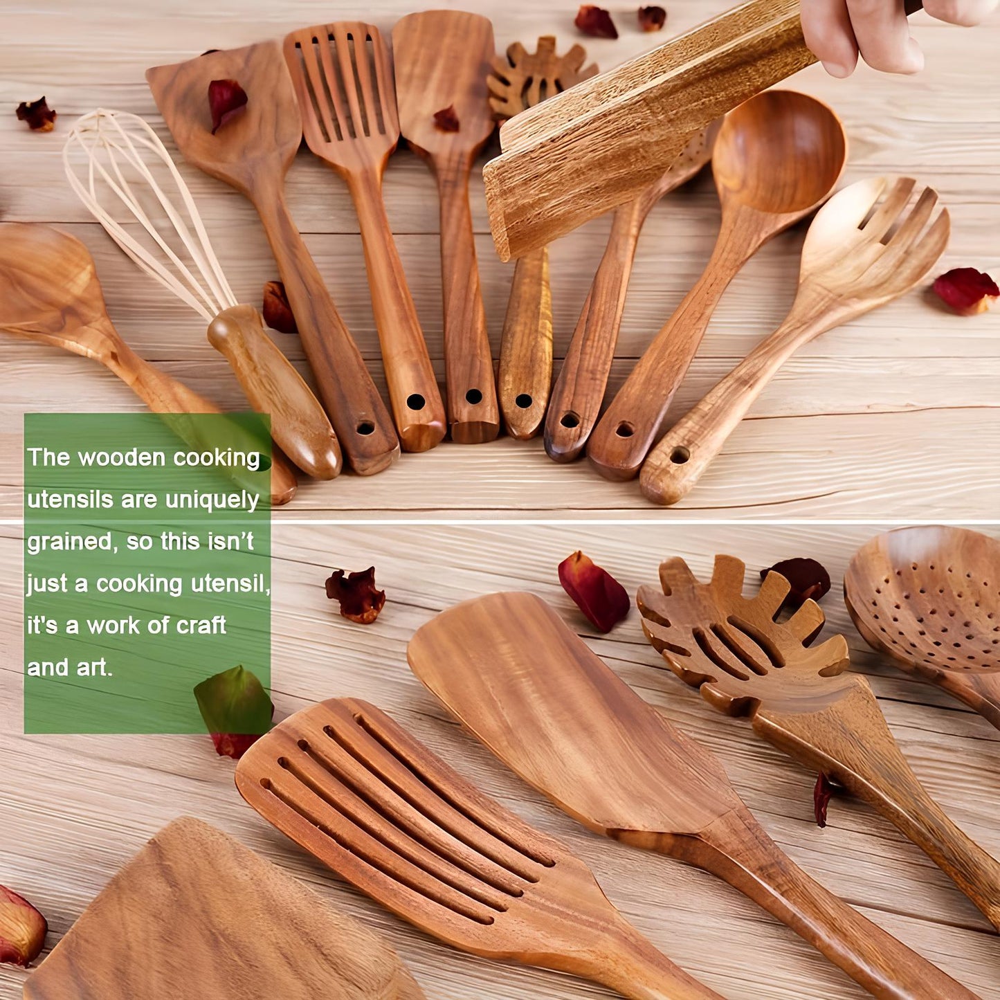 Set di Utensili da Cucina in Legno di Teak da 11 Pezzi | Con Portautensili | Legno Naturale