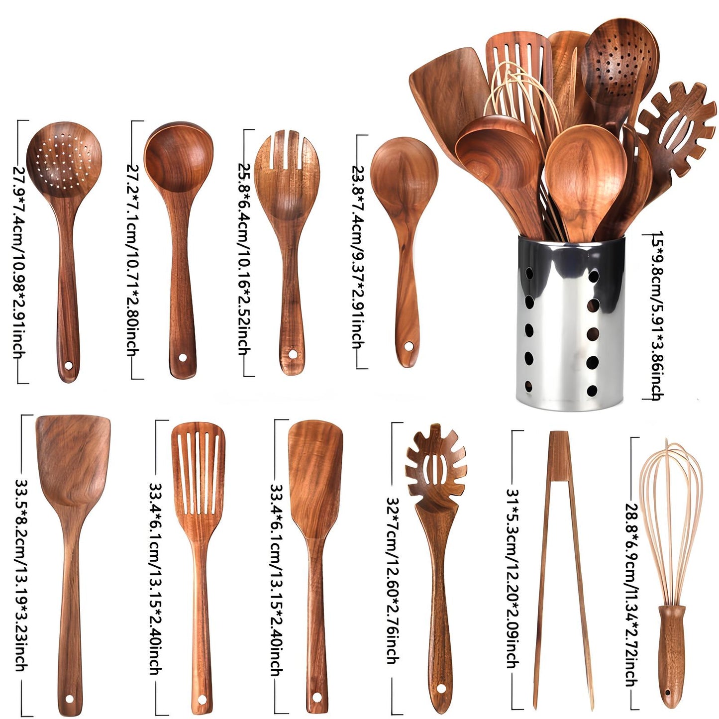 Set di Utensili da Cucina in Legno di Teak da 11 Pezzi | Con Portautensili | Legno Naturale