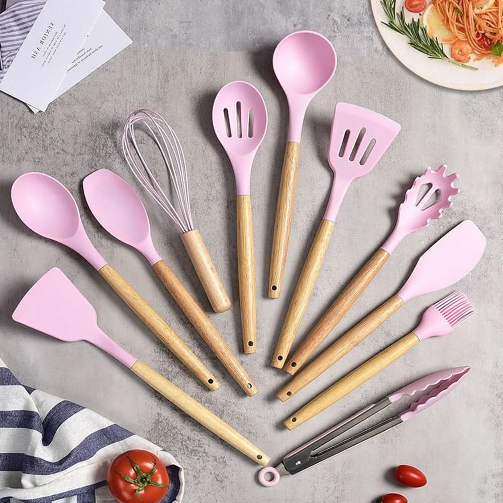 Set di Utensili da Cucina in Silicone Atossico Senza BPA con Manici in Legno