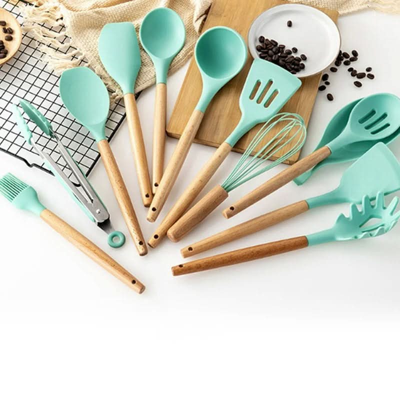 Set di Utensili da Cucina in Silicone Atossico Senza BPA con Manici in Legno