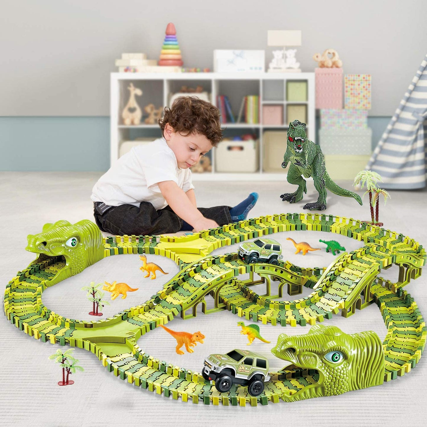 Set Giocattolo Dinosauro – Pista da Corsa Avventura a 360° con Luci e Suoni