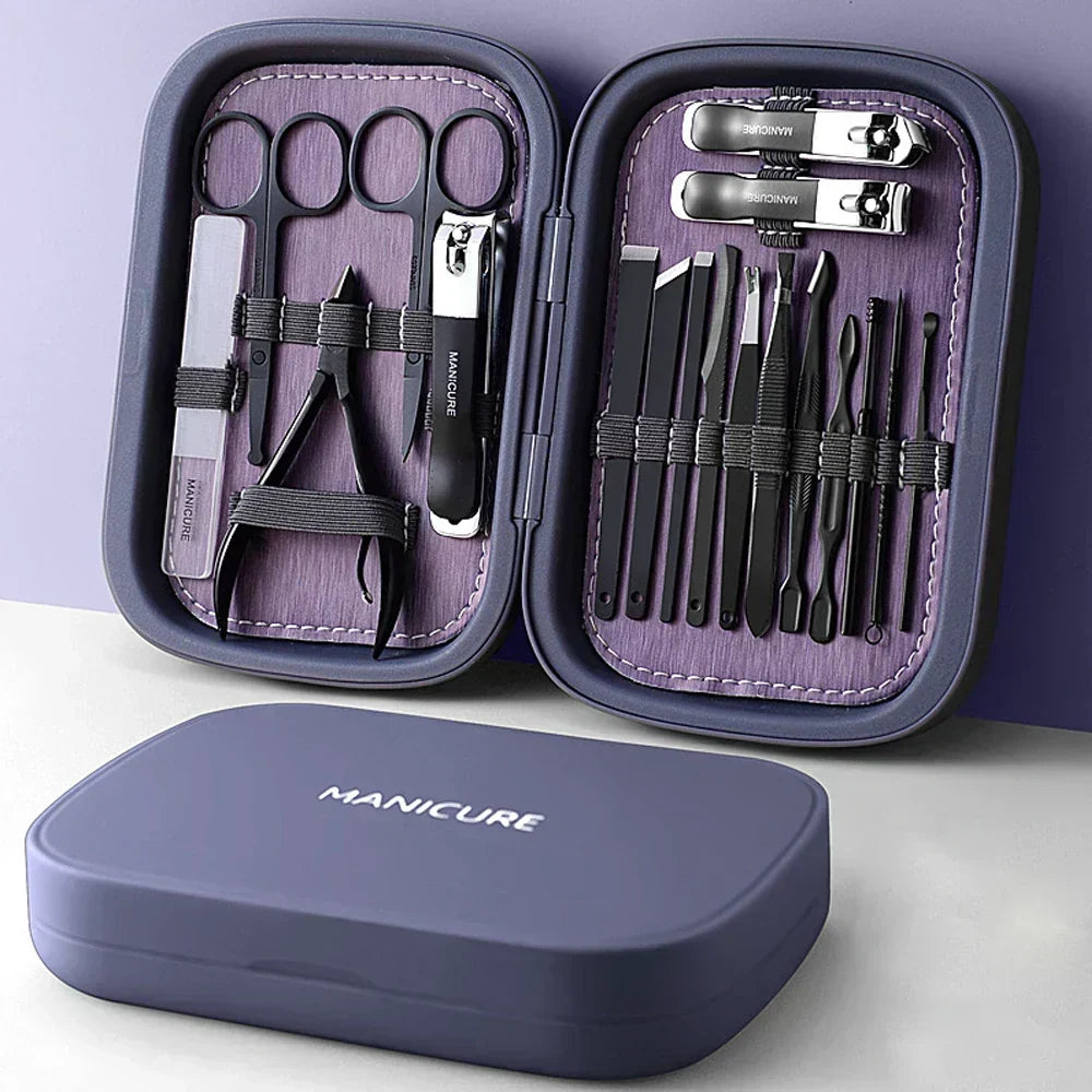 Set Professionale per Manicure e Pedicure in Acciaio Inox, Portatile e Multifunzione con Custodia di Lusso