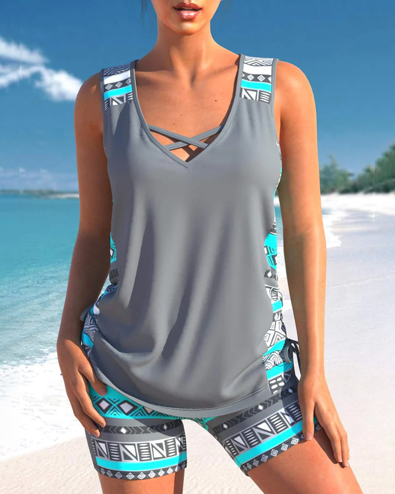Set tankini due pezzi da donna senza maniche con scollo a V