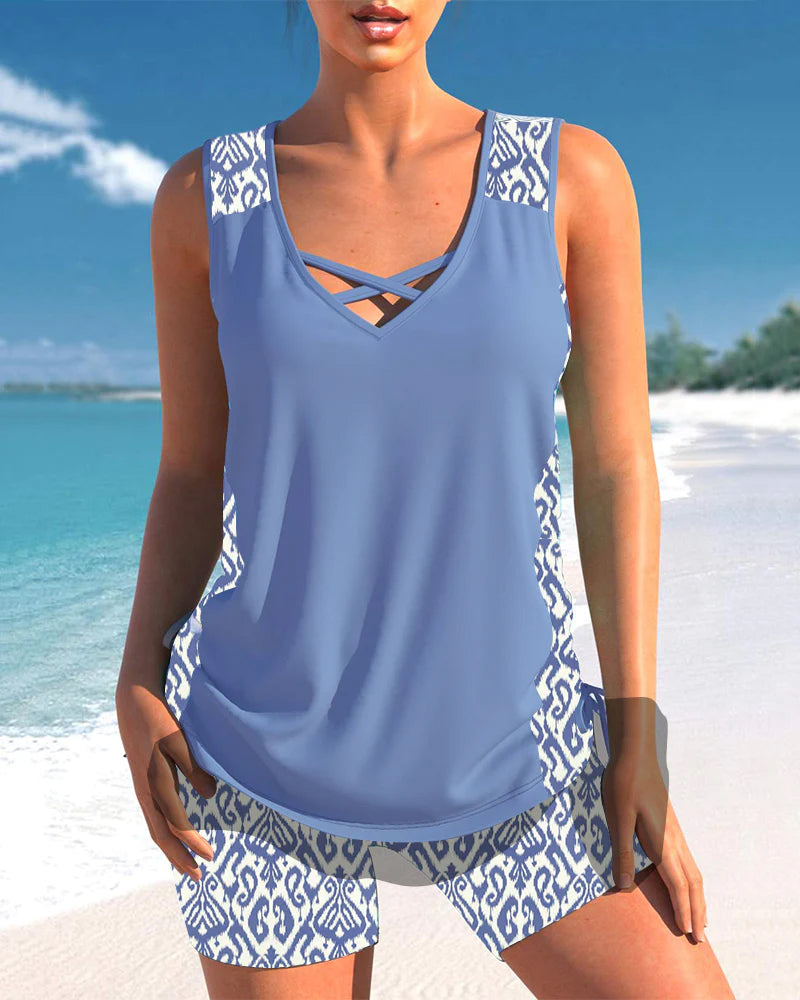 Set tankini due pezzi da donna senza maniche con scollo a V