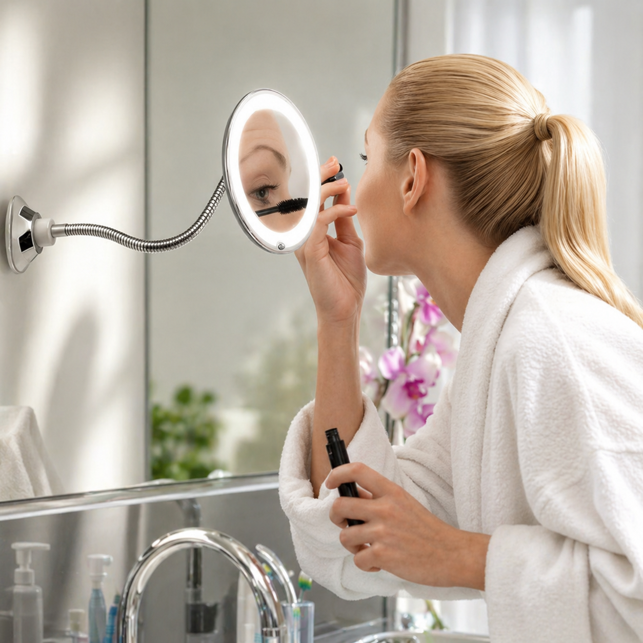 Specchio da bagno ingranditore con illuminazione a LED e braccio flessibile