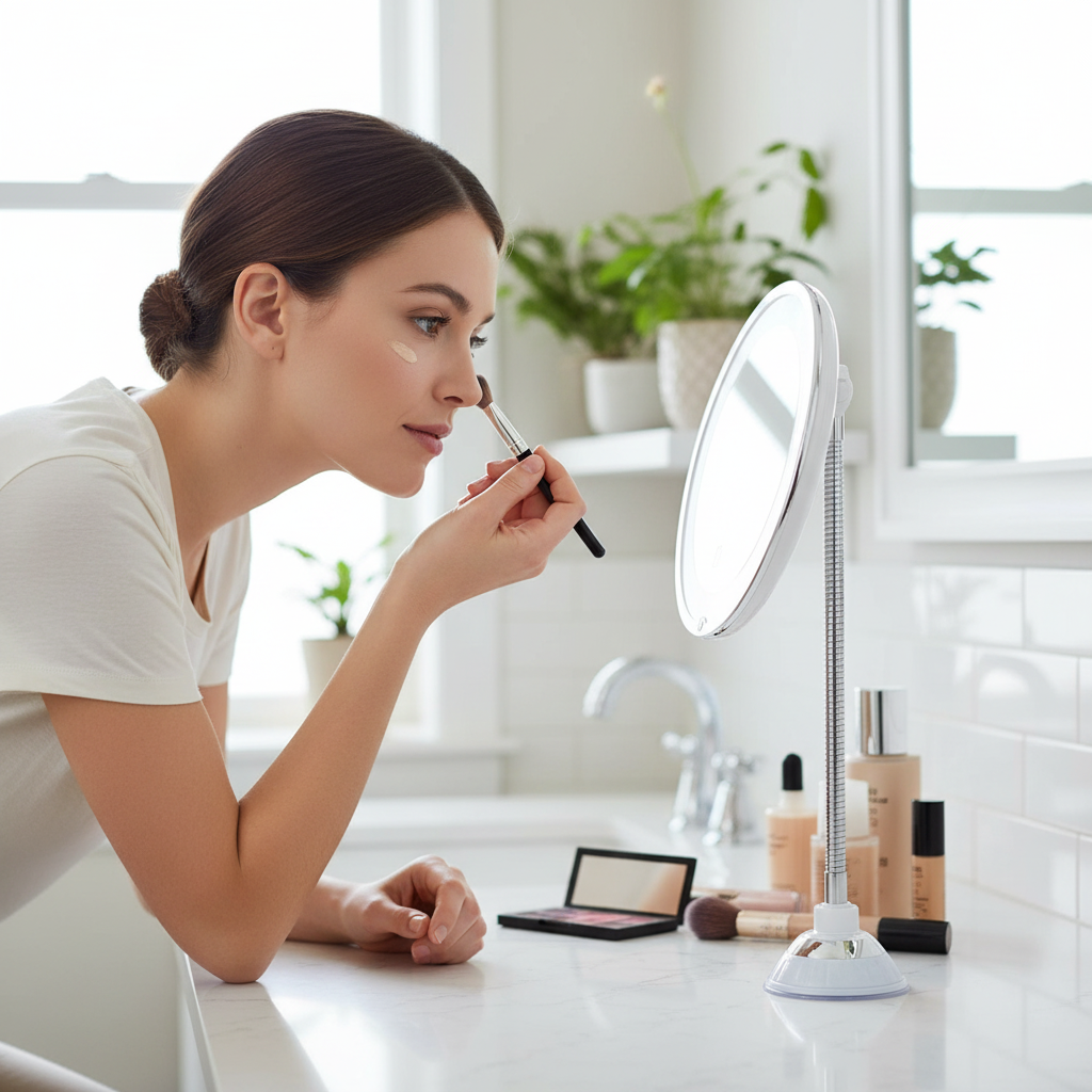 Specchio da bagno ingranditore con illuminazione a LED e braccio flessibile
