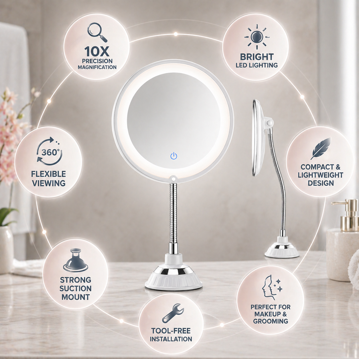 Specchio da bagno ingranditore con illuminazione a LED e braccio flessibile