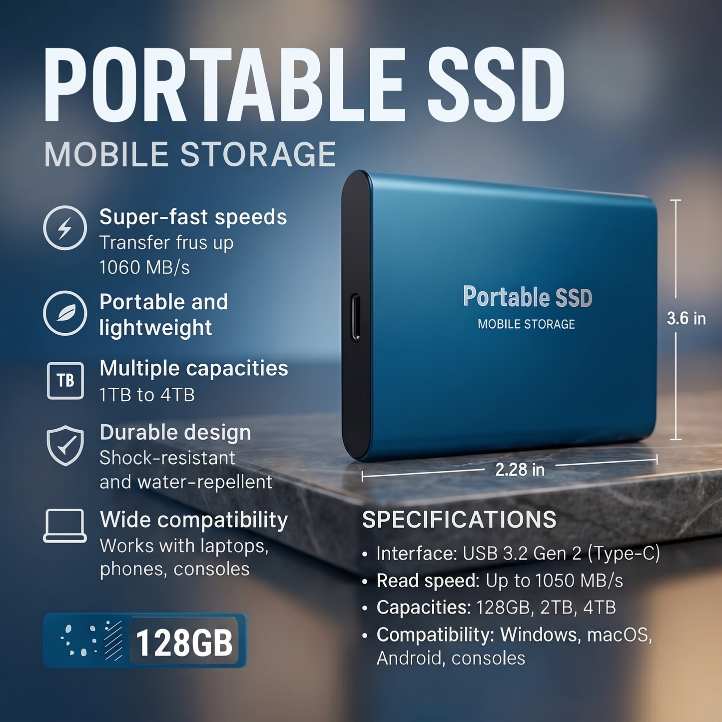 SSD Esterno con Velocità di Trasferimento di 1050 MB/s | Memoria Portatile da 128 GB per un Rapido Accesso ai Dati